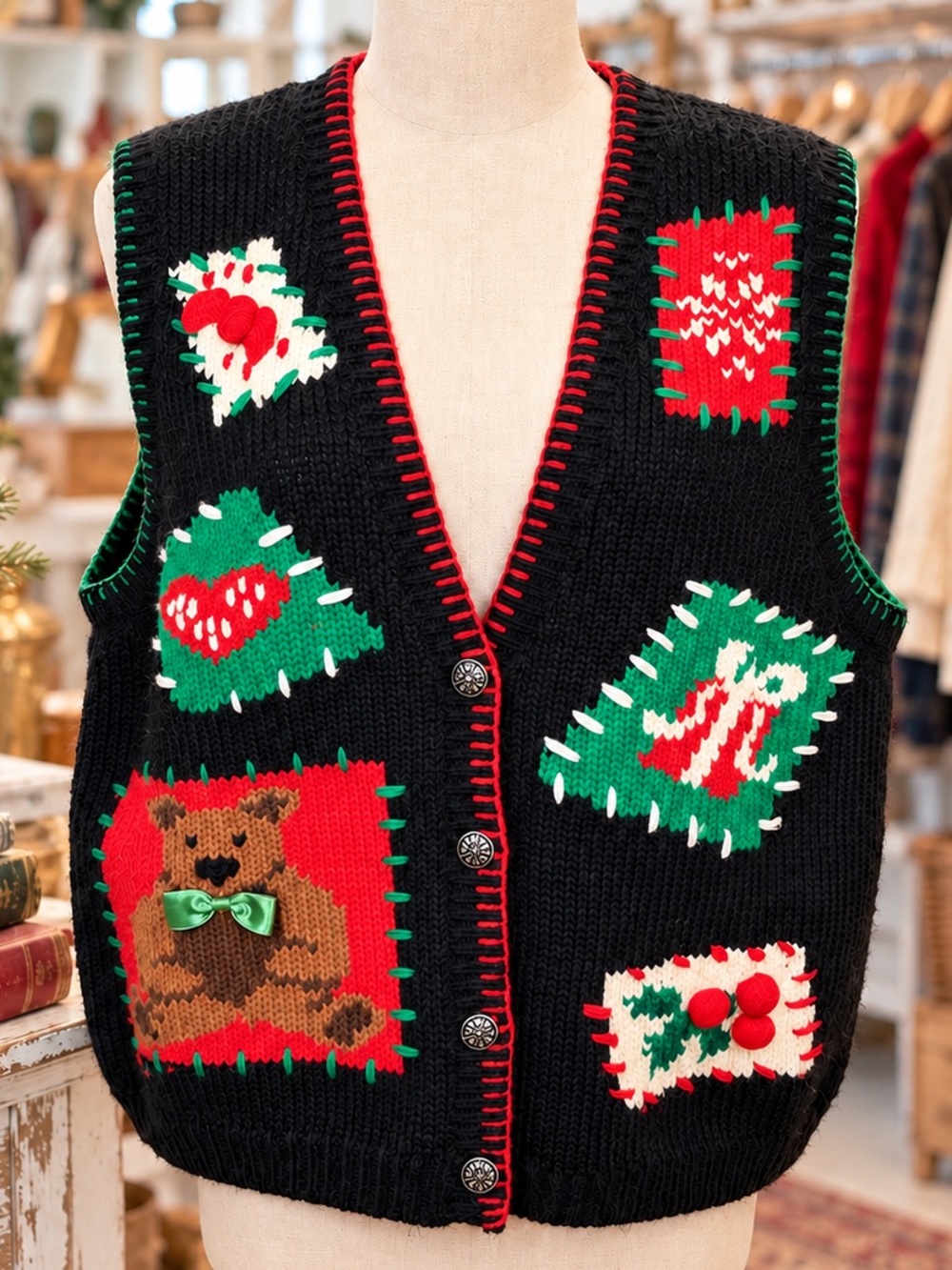 Karen Scott Vintage 1990s Christmas Sweater Vest Black Novelty Holiday Knit M